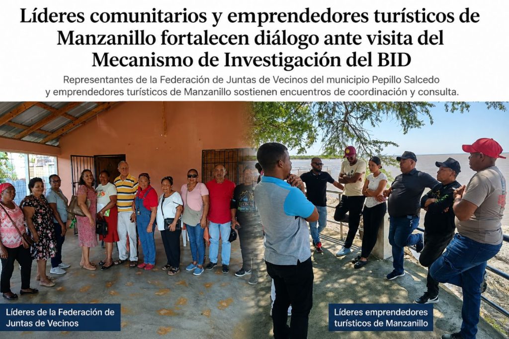 Reunión de la Federación de Juntas de Vecinos de Pepillo Salcedo, liderada por Rosario Cabreja, donde dirigentes comunitarios participan en un encuentro para coordinar acciones y conocer detalles sobre la visita del MICI del BID, en un espacio organizado con sillas dispuestas en círculo dentro de un salón comunitario.